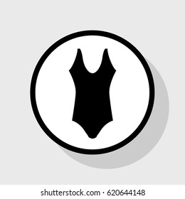 Woman`s swimsuit sign. Vector. Flat black icon in white circle with shadow at gray background.