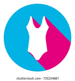 Woman's swimsuit sign. Vector. Flat white icon with mexican pink shadow inside sky blue(S and G) circle at white background. Isolated. Trend colors in 2017.