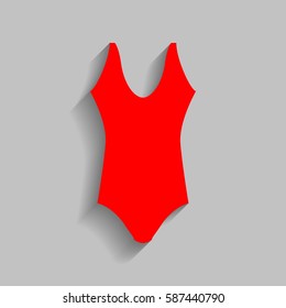 Woman`s swimsuit sign. Vector. Red icon with soft shadow on gray background.