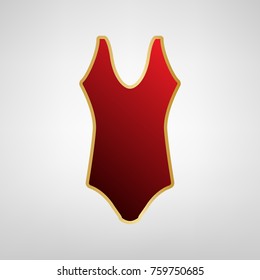 Woman's swimsuit sign. Vector. Red icon on gold sticker at light gray background.
