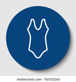 Woman's swimsuit sign. Vector. White contour icon in dark cerulean circle at white background. Isolated.