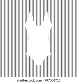 Woman's swimsuit sign. Vector. White icon on grayish striped background. Optical illusion.