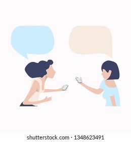 womans  talk with mobile speech bubbles