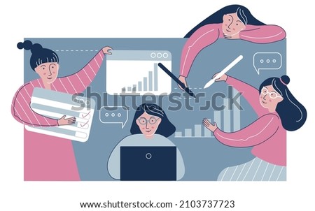 Woman's teamwork flat vector illustrations. Team communication concept