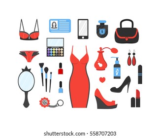 Woman's things set. Girl accessories icons collection of shoes, jewelry, perfume, cosmetics, mirror, dress, underwear. Make-up things. Modern flat design. Vector illustration on white background.