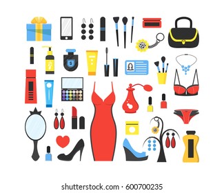 Woman's things set. Girl accessories icons collection of shoes, jewelry, perfume, cosmetics, mirror, dress, underwear. Make-up things. Modern flat design. Vector illustration on white background