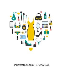 Die Dinger der Frau haben eine Herzform. Girl-Accessoires Icons Sammlung von Schuhen, Schmuck, Parfüm, Kosmetik, Spiegel, Kleid, Unterwäsche. Make-up-Sachen. Modernes Flachdesign. Vektorillustration auf Weiß.