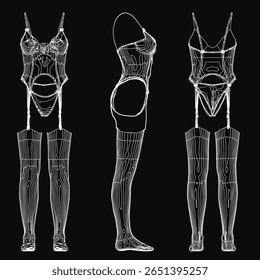 Der Oberkörper und die Beine einer Frau sind elegant im Line Art-Stil gezeichnet und tragen einen eleganten Bodysuit und schiere Strümpfe. Der schwarze Hintergrund hebt die zarten Konturen ihrer Figur hervor.