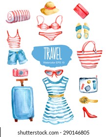 Woman's travel set. Vector watercolor illustration.