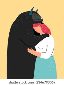 Womans triumph over her anxiety. Friendship with fear in the form of a friendly monster. Vector of triumph psychological and emotional illustration