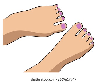 Woman's two feet side by side with purple painted toenails. Foot care and pedicure concept for relaxing summer vacation.