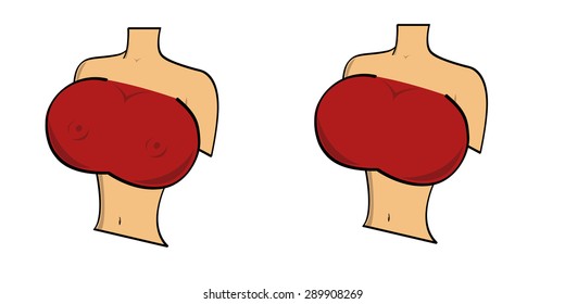 Woman's upperbody with big breast in red top, with nipples and without