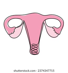 Woman's uterus in one line with a pink spot on a white background. Illustration of a woman's reproductive organs. The concept of health, childbirth, menstruation.