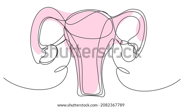  Woman\'s uterus in\
one line with a pink spot on a white background. A simple\
illustration of a woman\'s reproductive organs. The concept of\
health, childbirth, menstruation,\

