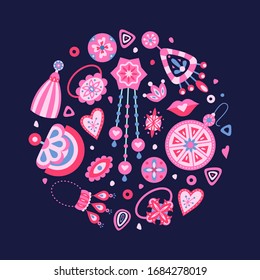 Woman's vector accessories in round shape on the dark background. Female things in cartoon style. Flat vector illustration.