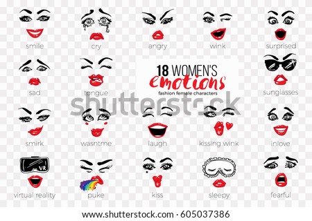 Woman's vector emoticons, emoji, smiley icons, characters: sleepy, kissing wink, fearful, inlove, surprised, sunglasses, kiss, laugh, angry, puke, tongue, cry, virtual reality, smirk, sad, smile.
