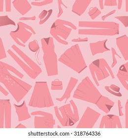 Woman's wardrobe elements pink seamless vector pattern