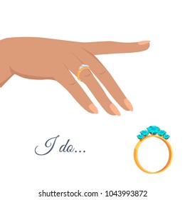 Womans Wrist With Golden Ring Decorated Diamonds On Annulary Finger Isolated Flat Vector. Marriage Proposal Or Engagement Concept With Wedding Ring