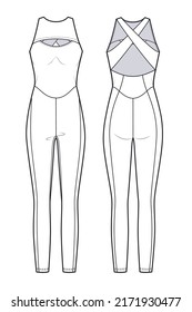 Woman's yoga Bodysuit fashion flat technical drawing template  Sport long Bodysuits fashion cad mockup 