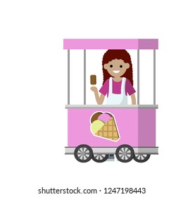 Woman-Seller of ice-cream in the pink cart. Sale and purchase of sweets. Horn with chocolate and fruit ball. Summer food.  Cartoon flat illustration