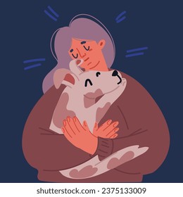 Womany with a dog. Happy girl and pet spend time together. Friendship between animal and human. Isolated illustration in cartoon style over dark backround