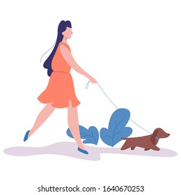 Womany walk with a dog. Happy girl and pet spend time together. Friendship between animal and human. Isolated illustration in cartoon style