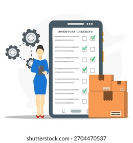 : Una mujer que usa un teléfono inteligente para marcar la lista de verificación en línea de la cadena de suministro de bienes. Inspección de control de calidad de cajas de embalaje antes de entregar al Cliente.