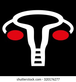 Womb vector icon. Style is bicolor flat symbol, red and white colors, rounded angles, black background.