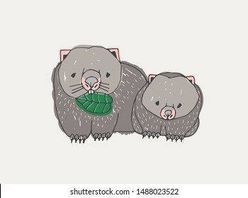 Wombat eating leaf and its baby isolated on white background. Funny wild endemic herbivorous animals. Mother and youngling, adult and child. Fauna of Australia. Vector illustration for t-shirt print.