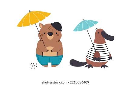 Wombat in Hat and Platypus in Striped Vest with Umbrella as Australian Animal Vector Set