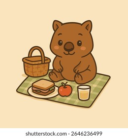 Wombat Picnic, A charming illustration depicts a smiling wombat enjoying a picnic, with sandwich, apple, and juice, set on a checkered blanket, next to a basket.
