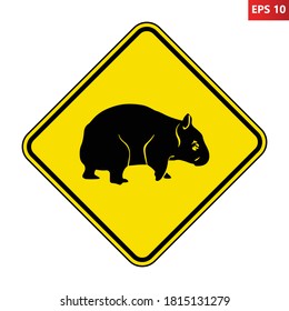 Wombat road sign. Vector illustration of yellow diamond shaped traffic sign with wombat icon inside. Wombats crossing warning symbol isolated on white background. Australian marsupial sign.