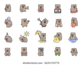 Wombat summer character set featuring vacation with swimming pool activities ice cream treats snorkeling watermelon eating smiling emotions funny poses, beach moments