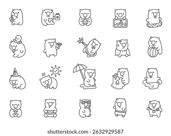 Wombat summer character set featuring vacation with swimming pool activities ice cream treats snorkeling watermelon eating smiling emotions funny poses, beach moments