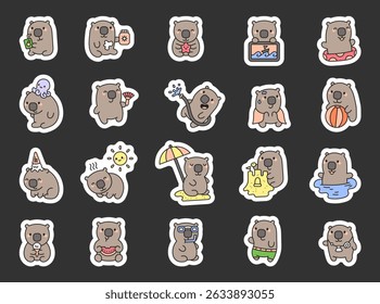 Wombat summer character set featuring vacation with swimming pool activities ice cream treats snorkeling watermelon eating smiling emotions funny poses, beach moments