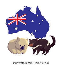 wombat and tasmanian devil with map of australia in the background vector illustration design