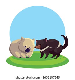 Wombat and Tasmanian devil over landscape. vector illustration design.