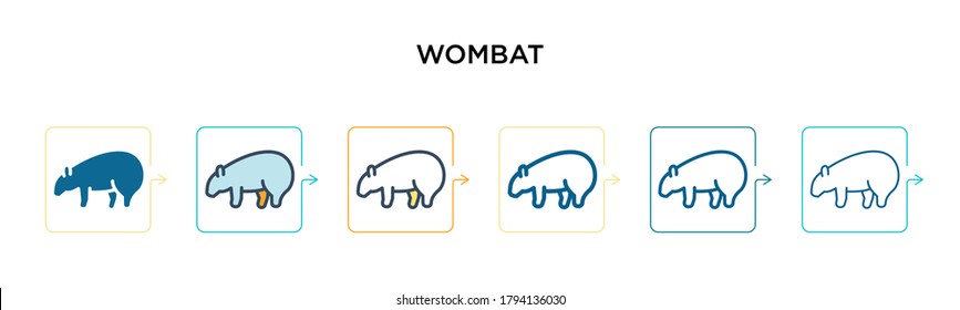 Wombat vector icon in 6 different modern styles. Black, two colored wombat icons designed in filled, outline, line and stroke style. Vector illustration can be used for web, mobile, ui