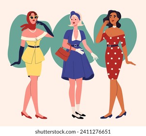 Women 50s set. Fashionable young girls un trendy clothes and colorful dresses. Old europe citizens. Aesthetics and elegance, beauty. Cartoon flat vector collection isolated on white background