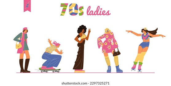 Women from the 70s vector illustrations set. 