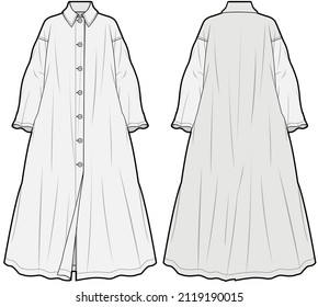 Women Abaya,  Collared Flared Maxi Dress, Modesty Dress Front and Back View. fashion illustration vector, CAD, technical drawing, flat drawing.	