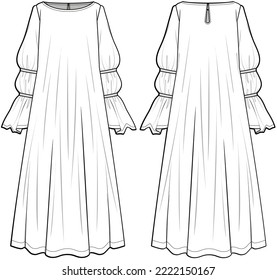 Women Abaya, Long Shirred Puff Sleeves Maxi Dress  Front and Back View. Fashion Illustration, Vector, CAD, Technical Drawing, Flat Drawing, Template, Mockup.	