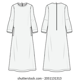 Women Abaya, Long Sleeve Maxi Kleid mit Seitentaschen Front und Back View. Modegrafik-Vektorgrafik, CAD, technische Zeichnung, Flachzeichnung.