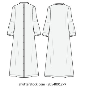 Women Abaya, Long Sleeve Maxi Kleid mit Mandarin Collar Full Placket Front und Back View. Modegrafik-Vektorgrafik, CAD, technische Zeichnung, Flachzeichnung.