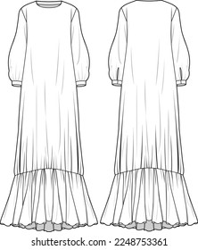 Women Abaya, Maxi Bishop Sleeve Dress with Frill Hem dress  Front and Back View. Fashion Illustration, Vector, CAD, Technical Drawing, Flat Drawing, Template, Mockup.	