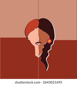 ilustração abstrata feminina, uma representação da dualidade das emoções, possivelmente relacionadas com conceitos como depressão, ansiedade ou transtorno bipolar, ilustração minimalista do rosto de uma mulher.