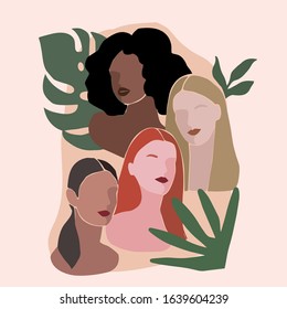  women abstract portrait with different skin colour and tropical plant, minimalistic style. Vector illustration.