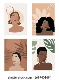 Women abstract portrait with different skin colour and tropical plant, minimalistic style. Vector illustration.