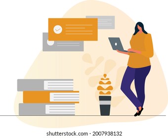 Women accessing E-library through online. This character portrays a women using her laptop, which can be utilised for online exams, e-library, online assessment, office work etc