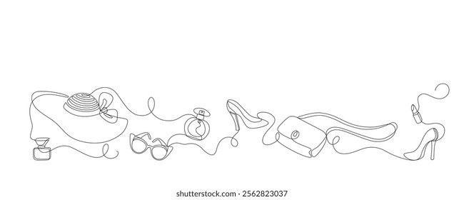 Women accessories drawn with continuous line in minimalism, abstract style, hat, bag, sunglasses, stiletto heeled shoes, perfume, lipstick, copy space, one line, editable vector contour